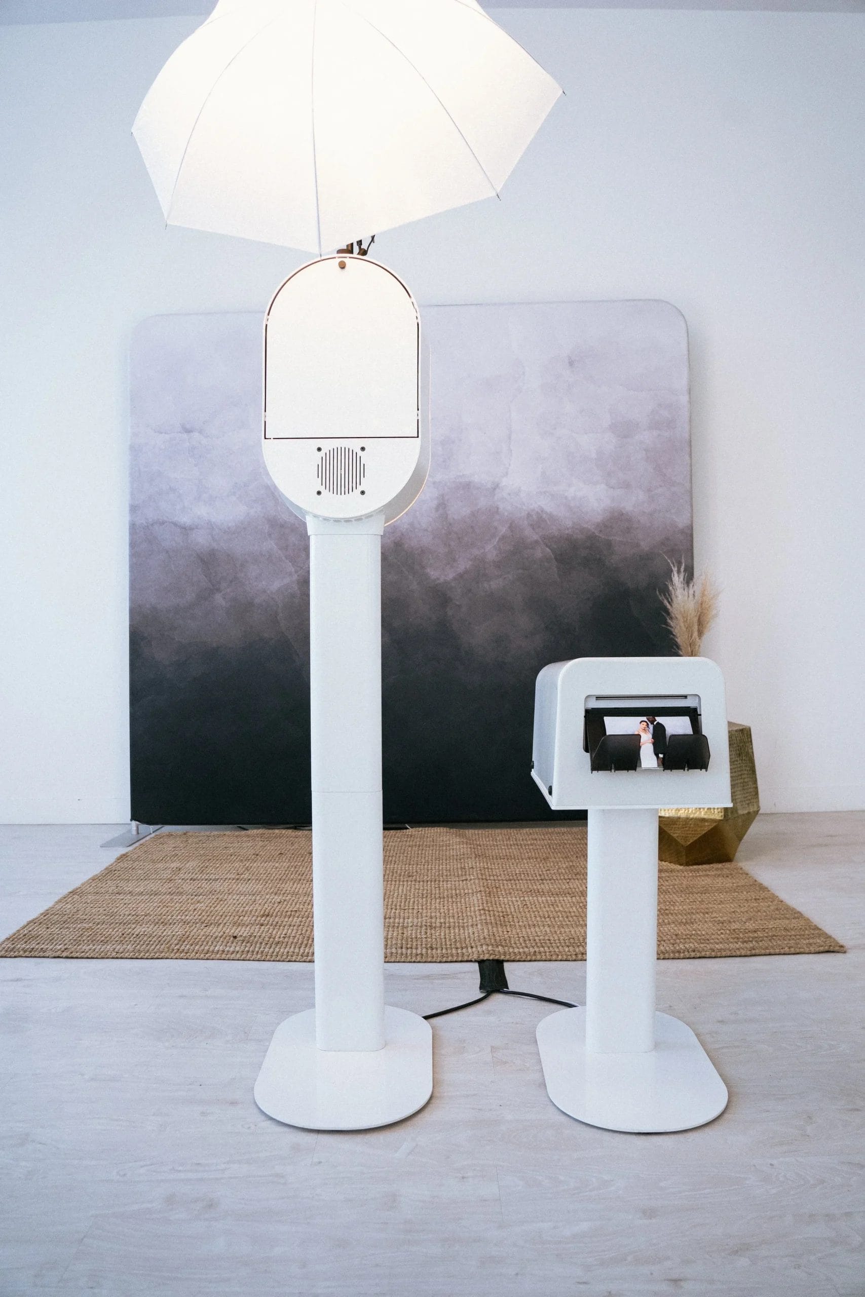 Photo booth setup with a modern gray backdrop at an Ann Arbor event
